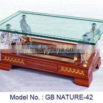 Indian Style Antique Appearance Glass Coffee Table With Drawer For Home Living Room In Unique Special Design