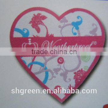 high density laser cut heart shape woven patch with glue back