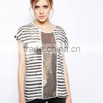 wholesale women t shirt printing t shirt striped t shirt with sequin detail Printed t shirt