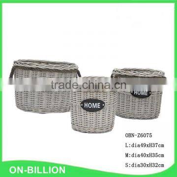 Set 3 wicker round hamper kubu grey rattan basket with liner handle