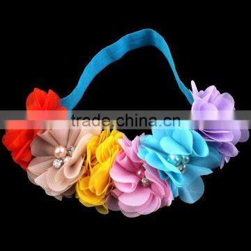 handmade chiffon flower headband with pearl beads center for kids hair accessories for baby girl