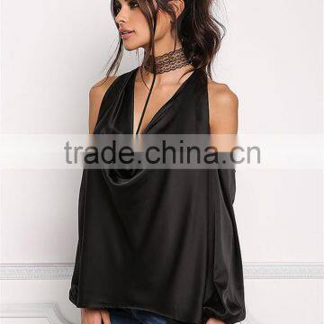 MGOO Custom Made 2017 100% Polyester Satin Silky Blouses Custom Factory Cowl Neck Tops Plain Long Sleeves Shirts photo-3