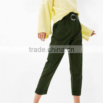 Green Twill Cargo Pants Womens Cropped Trousers With Belt and Buckle photo-2