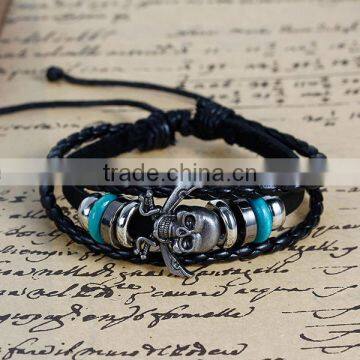 New Fashion Black Cord Silver Tone & Green Beads Gunmetal Halloween Skull Cowhide Multilayer Bracelets photo-2