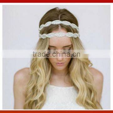 Bride Gold Crystal Beads Hair Band Elastic Headband Headmade Crystal Glass Beads Hair Band Girl Bridal Pearls Beads photo-2