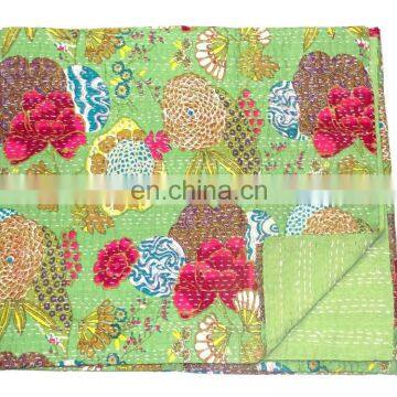 Indian Reversible Floral Tropicana Kantha Stitch Cotton Blanket/ Kantha Quilts Wholesale Lot