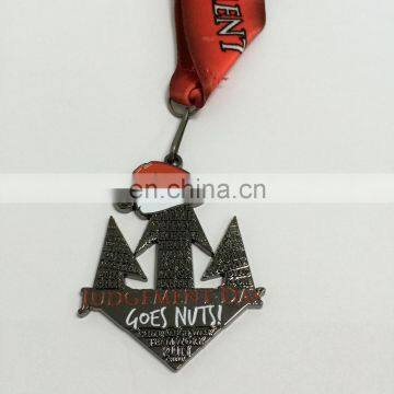 Gun Black Plating Zinc die cast custom made sports event medal with one color screen printing ribbon