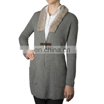 knitted Ladies' Cardigan sweater with Fur on collar