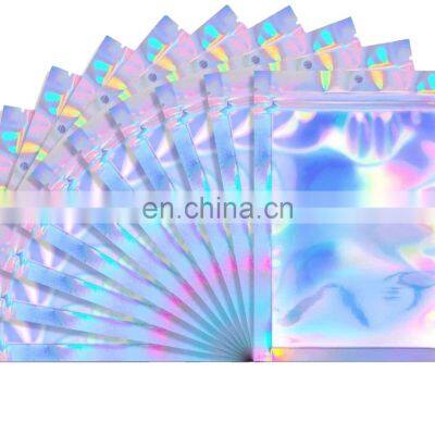 Custom printing resealable transparent  holographic zip  makeup packaging bag pouch self adhesive  holographic bag