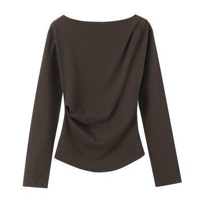 Spring and Summer New Style European-Inspired Women's Fashion Casual Long-Sleeved T-Shirt with Side Pleated Decorations