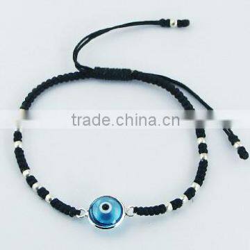 Macrame Bracelet with Glass Evil Eye and SIlver Beads