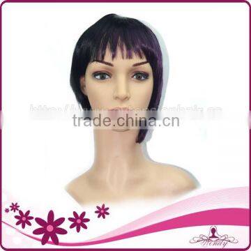 Factory Wholesale MOQ 1 PC one purple streak in black hair short wigs with bangs synthetic wig