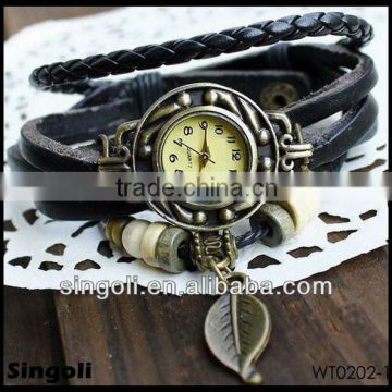 2014New design genuine leather band watch, leaf pendant vingtage watch