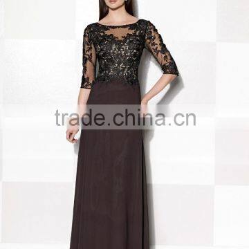 Hot Sale Sexy Long A-Line Scoop Half Sleeve Lace Chiffon Mother Dress Chiffon Evening Party Dress Custom Made HA-018