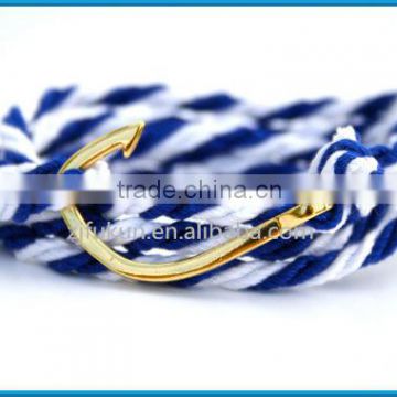 Brand / Logo Custom Available Blue And White Cotton Rope Wrap Antique Bronze Fish Hook Bracelet