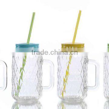 760ml Diamond Cut Surface Glass Mason Jar With Handle