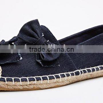 big bow decorated denim upper hemp shoe jute sole fashion shoe ladies flat loafer shoes espadrille hemp shoe