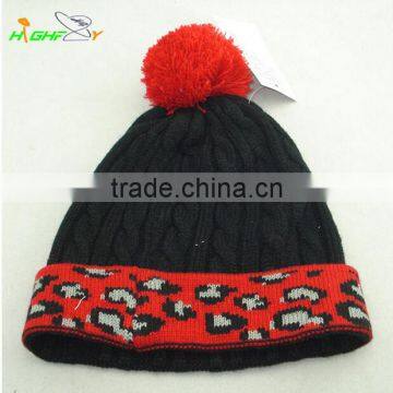 Fashion Brand Jacquard Leopard Pattern on Cuff Stylish Knit Slouchy Pom Beanie Hat Winter Cap