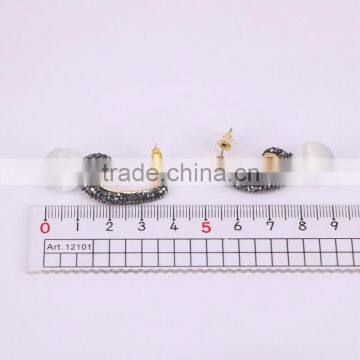 White Round Cat's Eye Earring, Metal Copper Gold Cuff Earrings, Pave Rhinestone Stud Earring photo-5