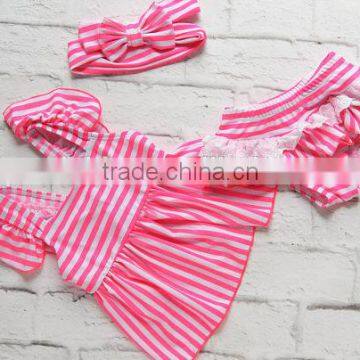 Wholesale Swimsuit Set Pink Stripe Dress Ruffle Bloomer Bowknot Headband