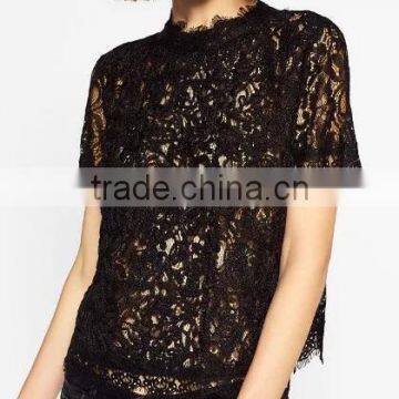 Runwaylover EY2368B Hot Sale 2017 Ladies Hollow Out Shrt Sleeve Lace T-Shirts photo-4