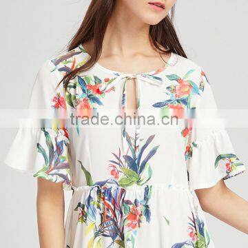 WHITE Flower Designed Short Dress, Women Chiffon Short Sleeve Dress photo-6