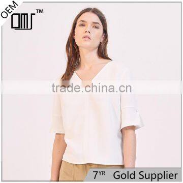 Women's loose fit V neck press studs on short slited sleeves tank blouse