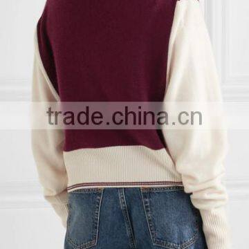 V-Neck Burgandy and Ivory Color Combination Women's Cashmere Sweater in Raglan Sleeves Design photo-3