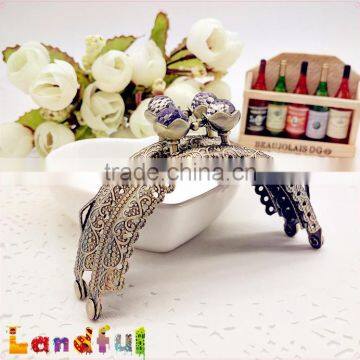 Vintage Purple Crystal Lotus Bead Sew In Frame Bronze Metal Clutch Purse Frame photo-3