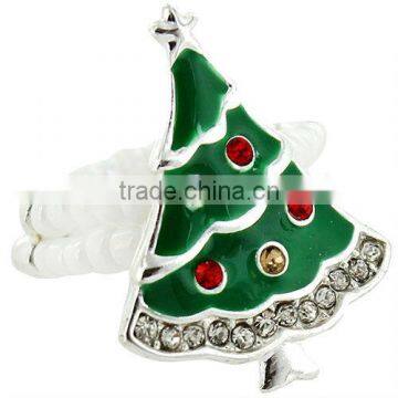Green Enamel And Crystal Christmas Trees Bead Stretch Ring