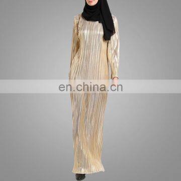 Designer Light Gold Baju Kurung Fashion Pleats Material Women Suits Malaysia Style Dress photo-2