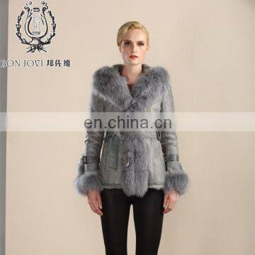 Fad Style Fox Fur Hooded Lamb Fur Leather Jacket With Cap Sheepskin Fur Coat Double Face Fur Outwear