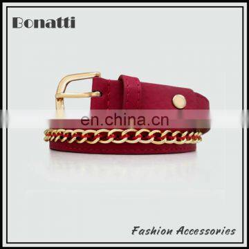 new design purplish red embellished belt with golden metal chain