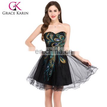 Best Selling Grace Karin Sleeveless Short Black Tulle Peacock Cocktail Dresses CL4975