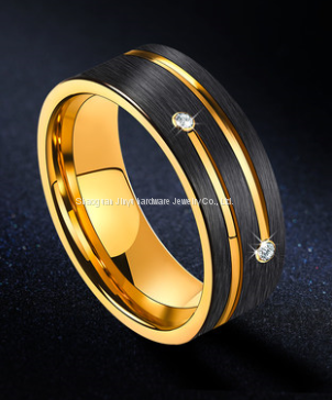 Tire pattern brushed grooved tungsten gold ring
