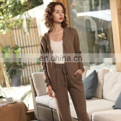 New Design Plain Knit Cashmere Lounge Pants and Cardigan Hoodie Set photo-2