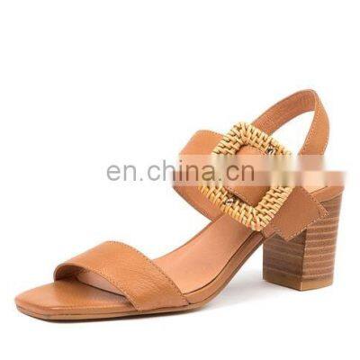 Brown high heel block ankle strap with golden buckle women sandals ladies shoes