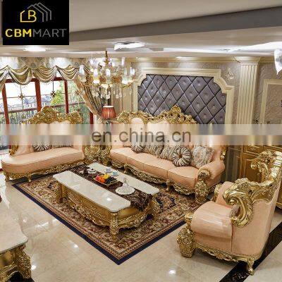 Luxury European-style leather sofa combination villa sofa solid wood carved leather sofa