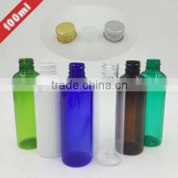 Colorful 100ML pet plast c round bottle with aluminum cap