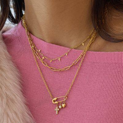 Gold Plated Safety Pin Pendant Necklace for Women Key Lock Cross Charm Necklace Stainless Steel Chain Jewelry Gift photo-3