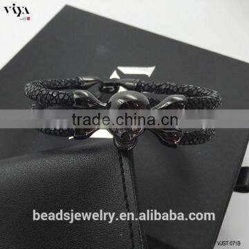 2016 China Factory Personal Logo Words Bracelet, Stingray/ Python Skin Leather Bracelet With Stainless Steel Skull Double Eyes photo-5