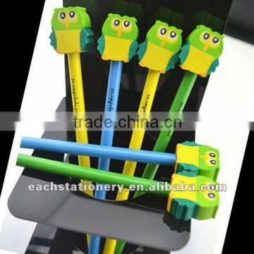 cartoon pencils with funny animal faces as eraser topper, logo available