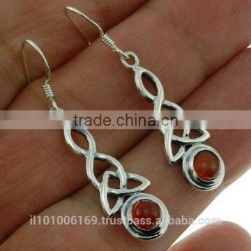 Long Amber Trinity Knot Silver Earrings, e301