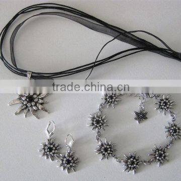 German Ethic Edelweiss White Black Rhinestone Necklace Bracelet Earrings Crystal Oktoberfest Jewelry Set