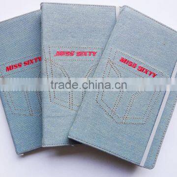 embroidery logo blue denim notebook A5 with elastic band