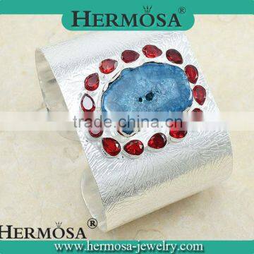 Precious Big Stone Blue Hole Solar Quartz Wide Band Silver Open Cuff Bangle