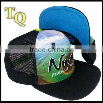 Promotional Sublimation Printed 3d Embroidery Logo Flat Brim Mesh Hat