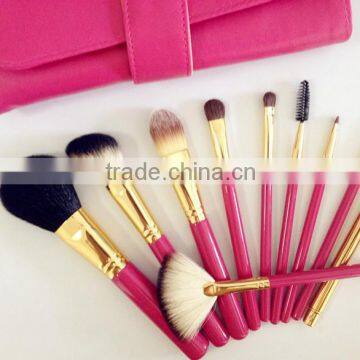 pink soft hair 10pcs brushes for makeup with leather case