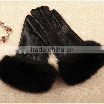 New style black dress Leather Glove with rabbit fur cuff