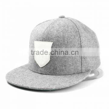 Leather patch luxury gray 100% wool snapback hat 6 panel wool cap